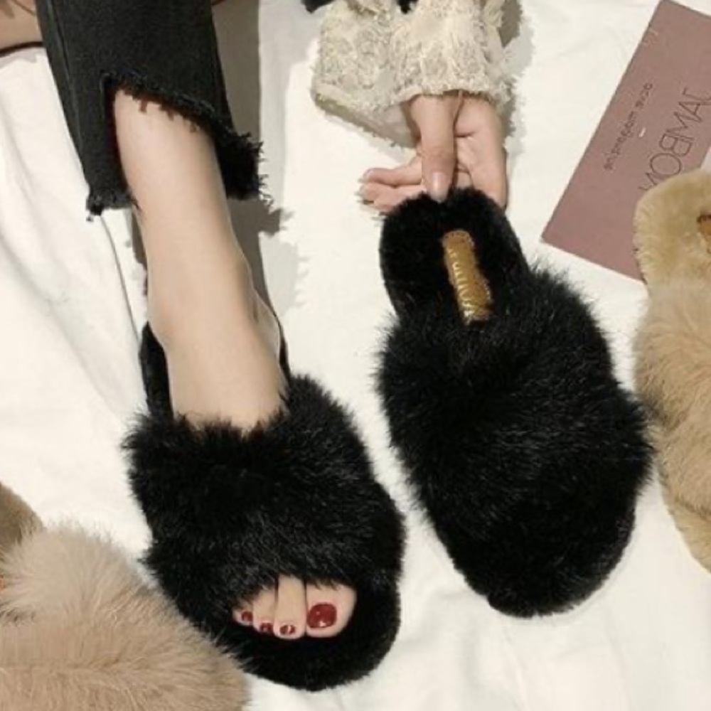 Halston Fluffy Criss Cross Memory Foam Slippers